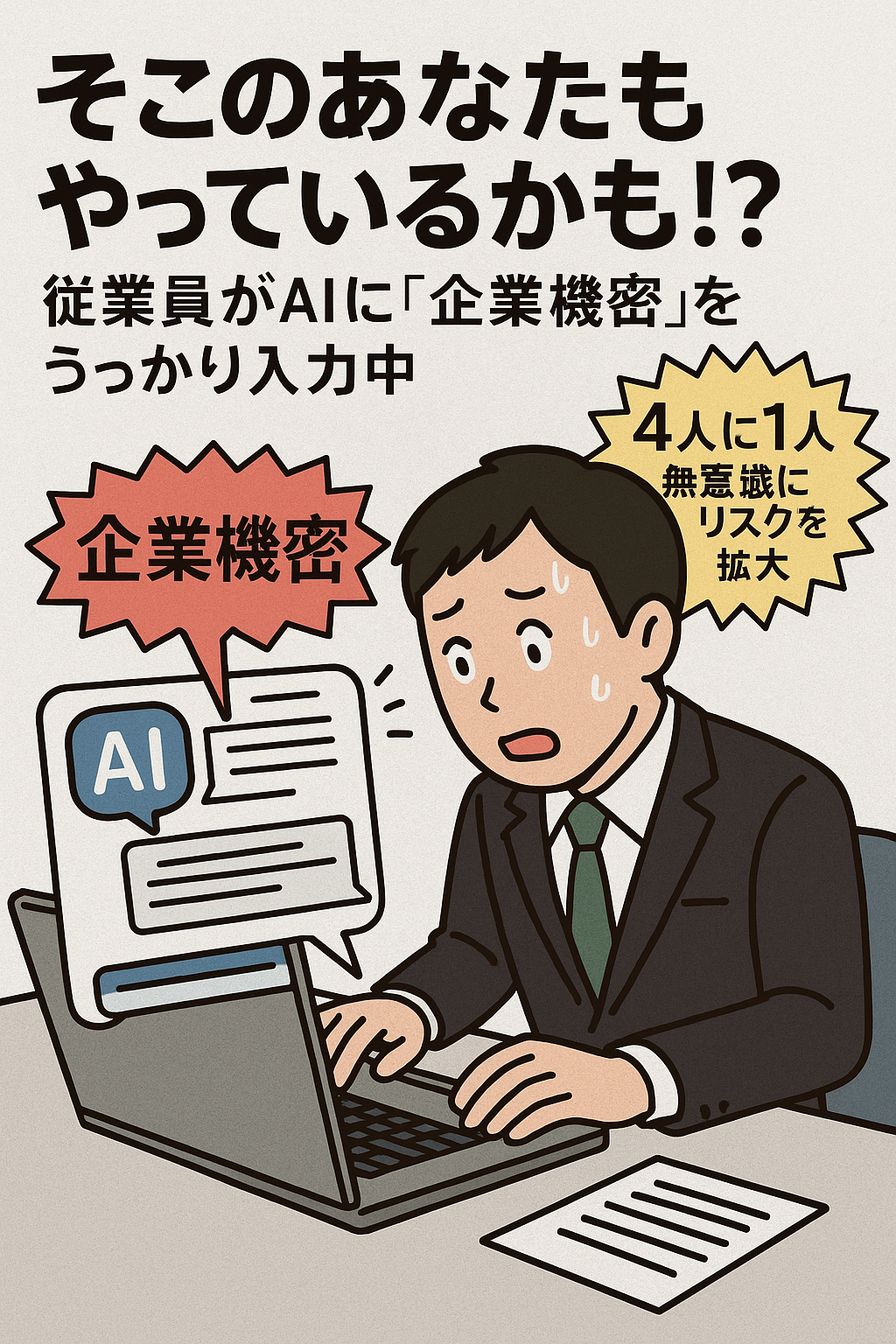 そこのあなたもやっているかも！？従業員がAIに「企業機密」をうっかり入力中─4人に1人が無意識にリスクを拡大 コンテンツ終わり