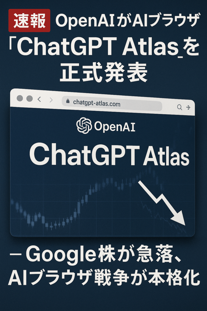 【速報】OpenAIがAIブラウザ「ChatGPT Atlas」を正式発表 ─ Google株が急落、AIブラウザ戦争が本格化