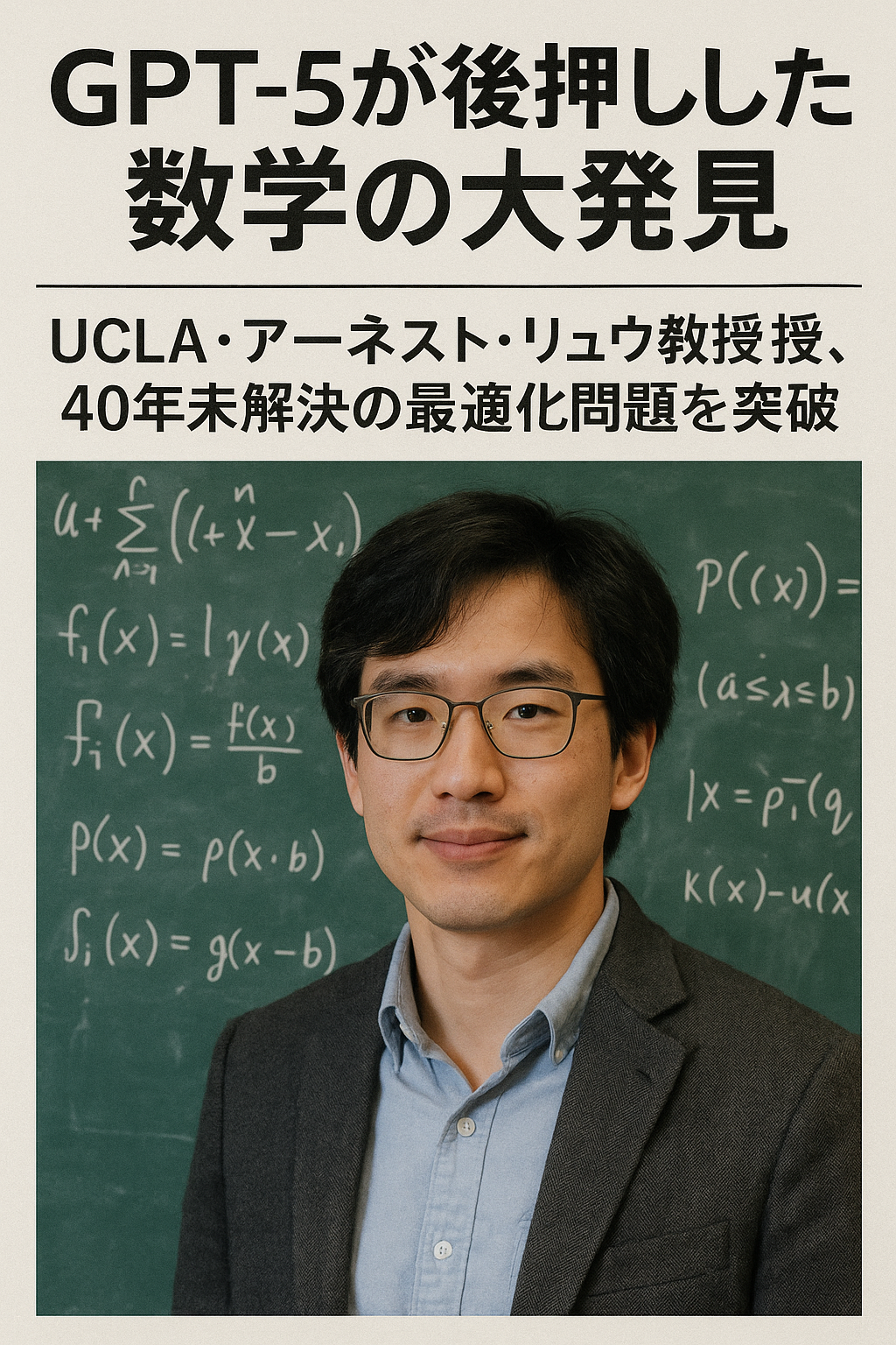GPT-5が後押しした数学の大発見。UCLA・アーネスト・リュウ教授、40年未解決の最適化問題を突破　画像は生成AI作成