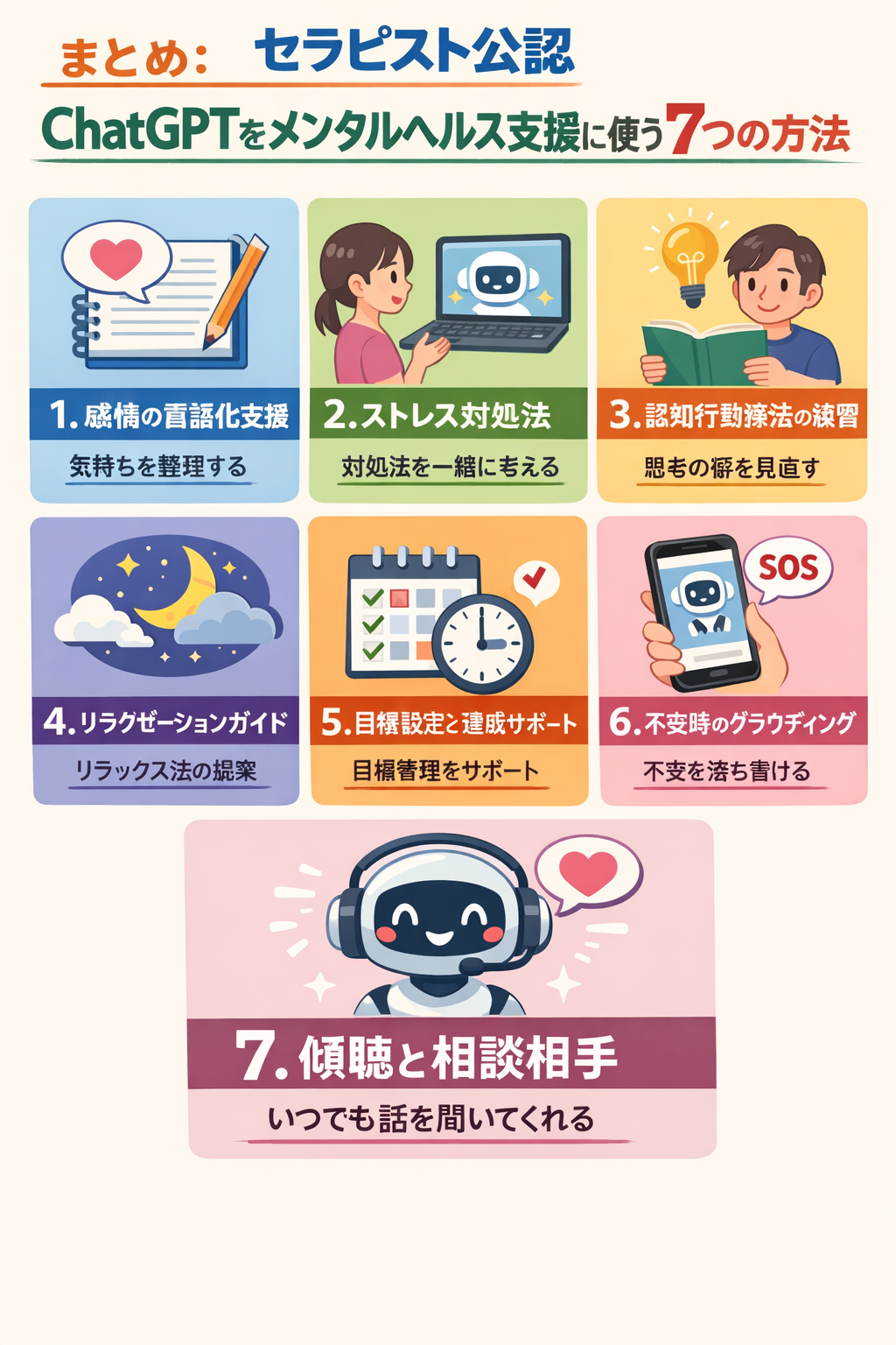 まとめ：セラピスト公認　ChatGPTをメンタルヘルス支援に使う7つの方法