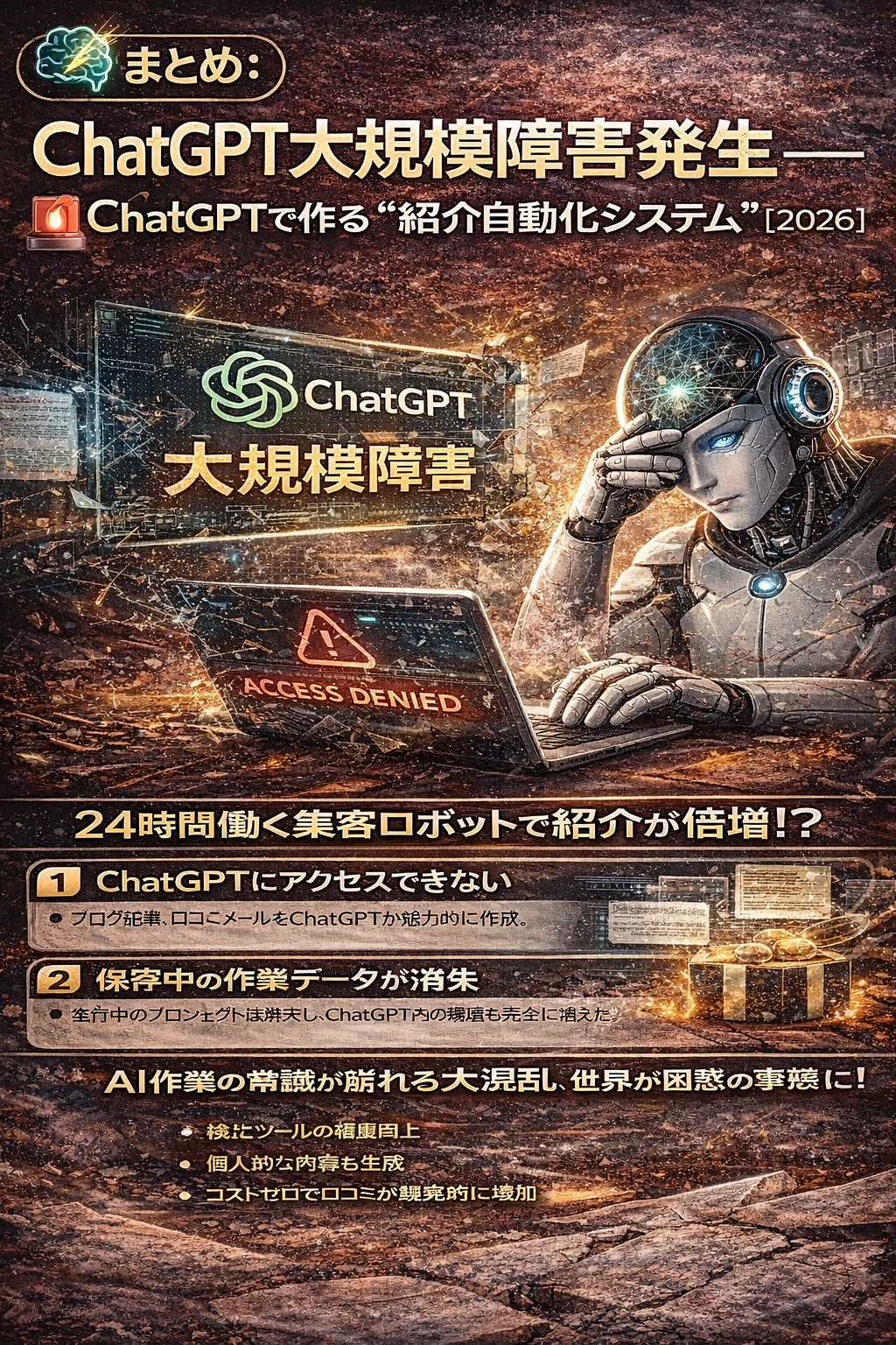 🧠まとめ：ChatGPT大規模障害発生──作業消失・アクセス不能の混乱【2026年4月】