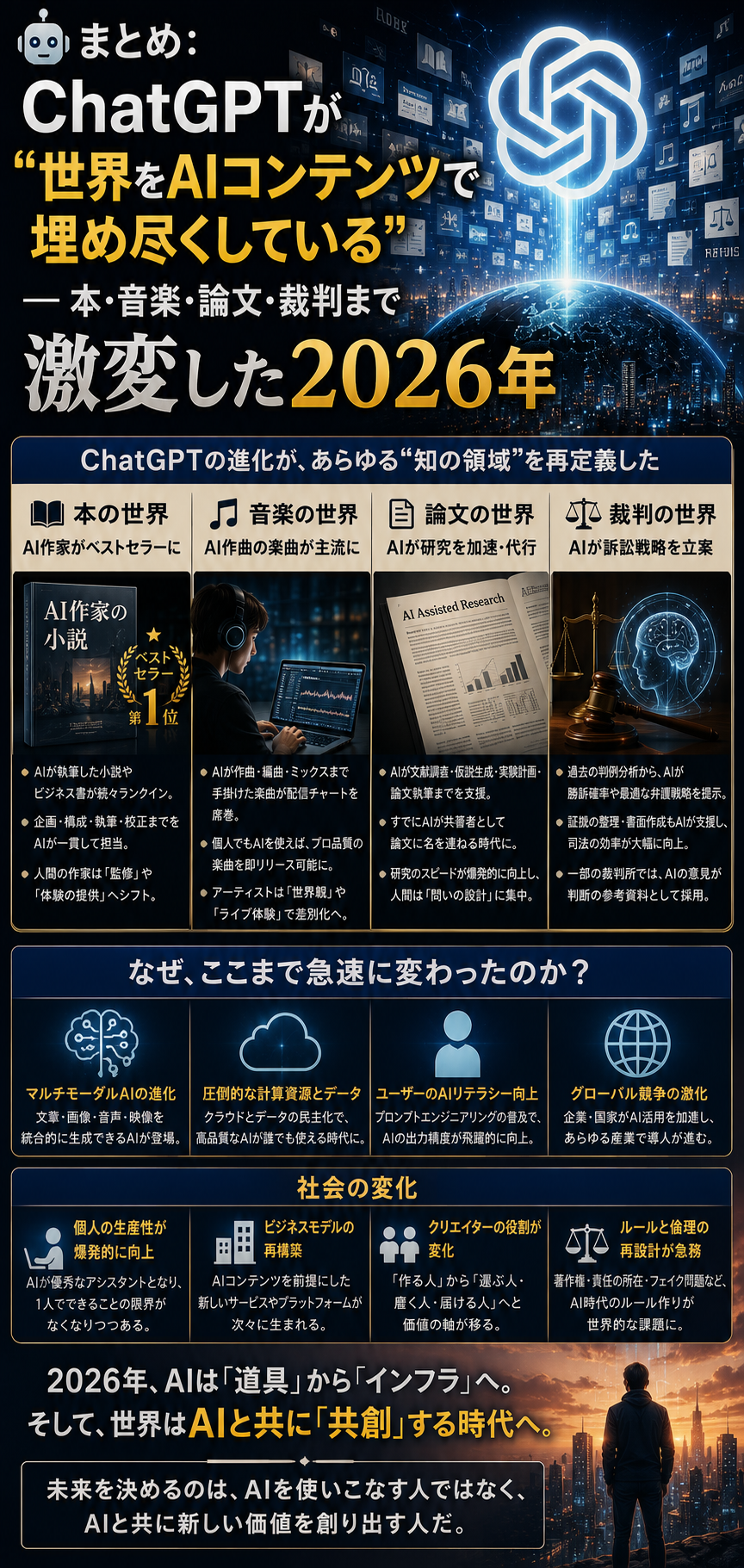 🤖まとめ：ChatGPTが“世界をAIコンテンツで埋め尽くしている”──本・音楽・論文・裁判まで激変した2026年