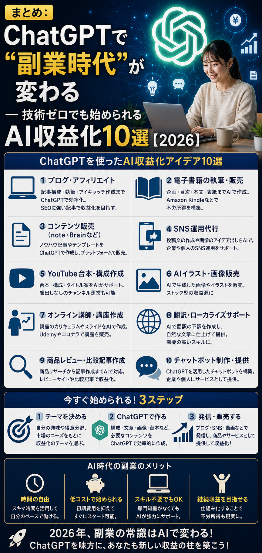 まとめ：ChatGPTで“副業時代”が変わる──技術ゼロでも始められるAI収益化10選【2026】