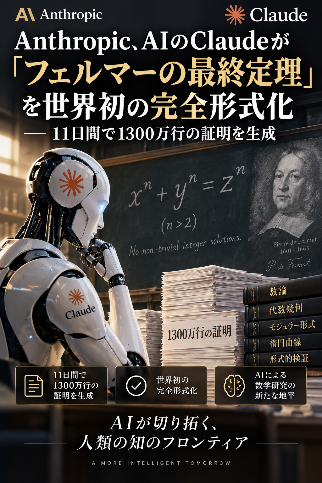 Anthropic、AIのClaudeが「フェルマーの最終定理」を世界初の完全形式化 ―11日間で1300万行の証明を生成