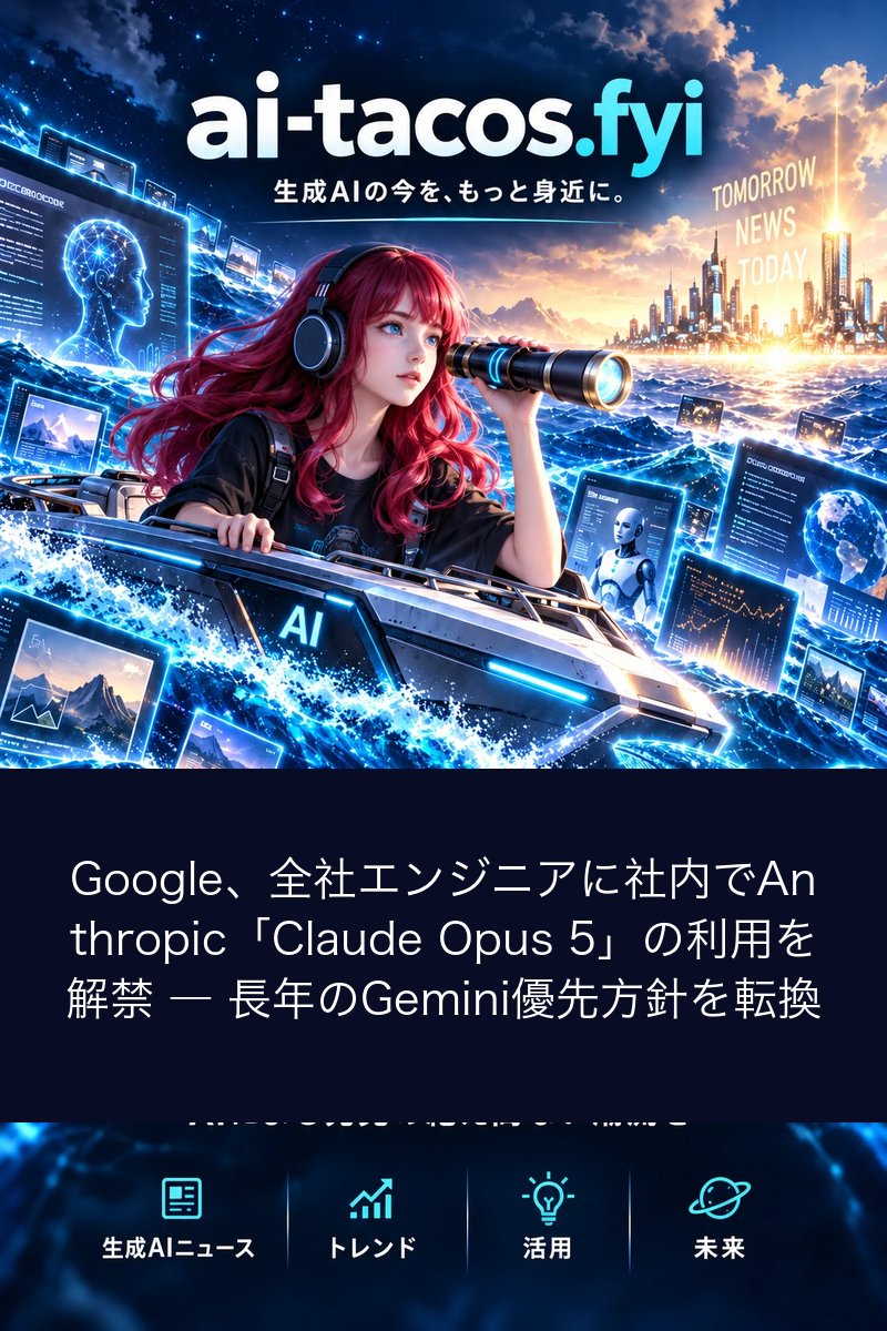 Google、全社エンジニアに社内でAnthropic「Claude Opus 5」の利用を解禁