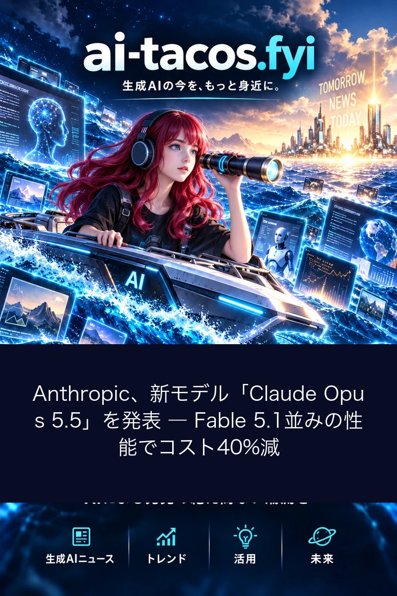 Anthropic、新モデル「Claude Opus 5.5」を発表 ― Fable 5.1並みの性能でコスト40%減