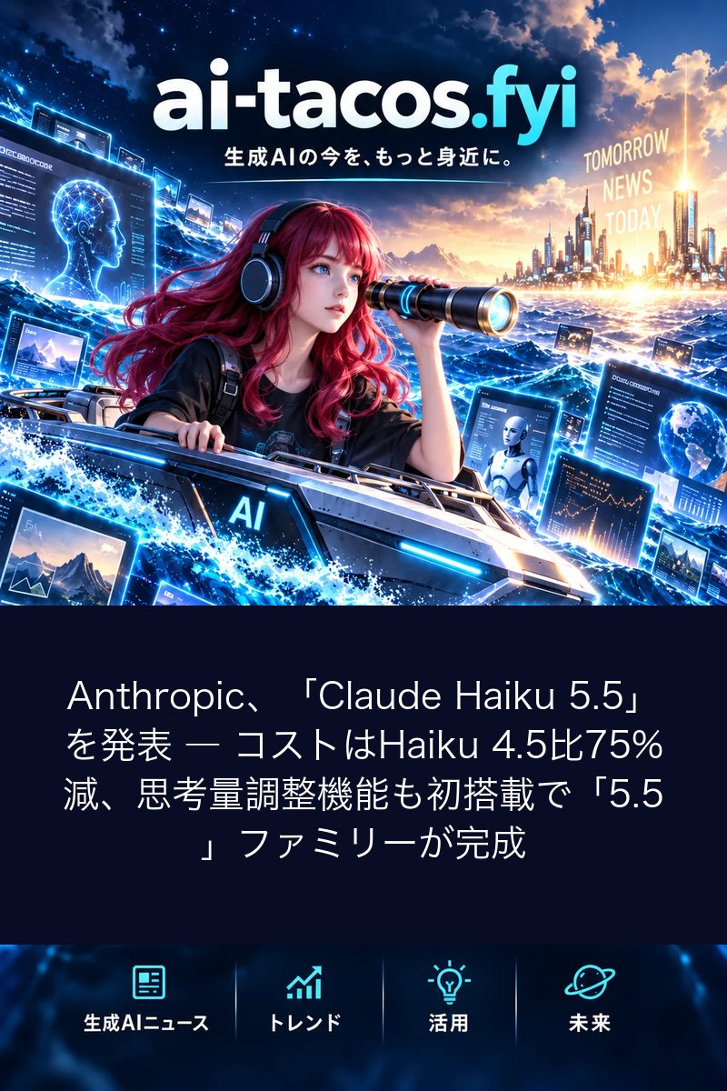 Anthropic、「Claude Haiku 5.5」を発表 ― コストはHaiku 4.5比75%減、思考量調整機能も初搭載で「5.5」ファミリーが完成