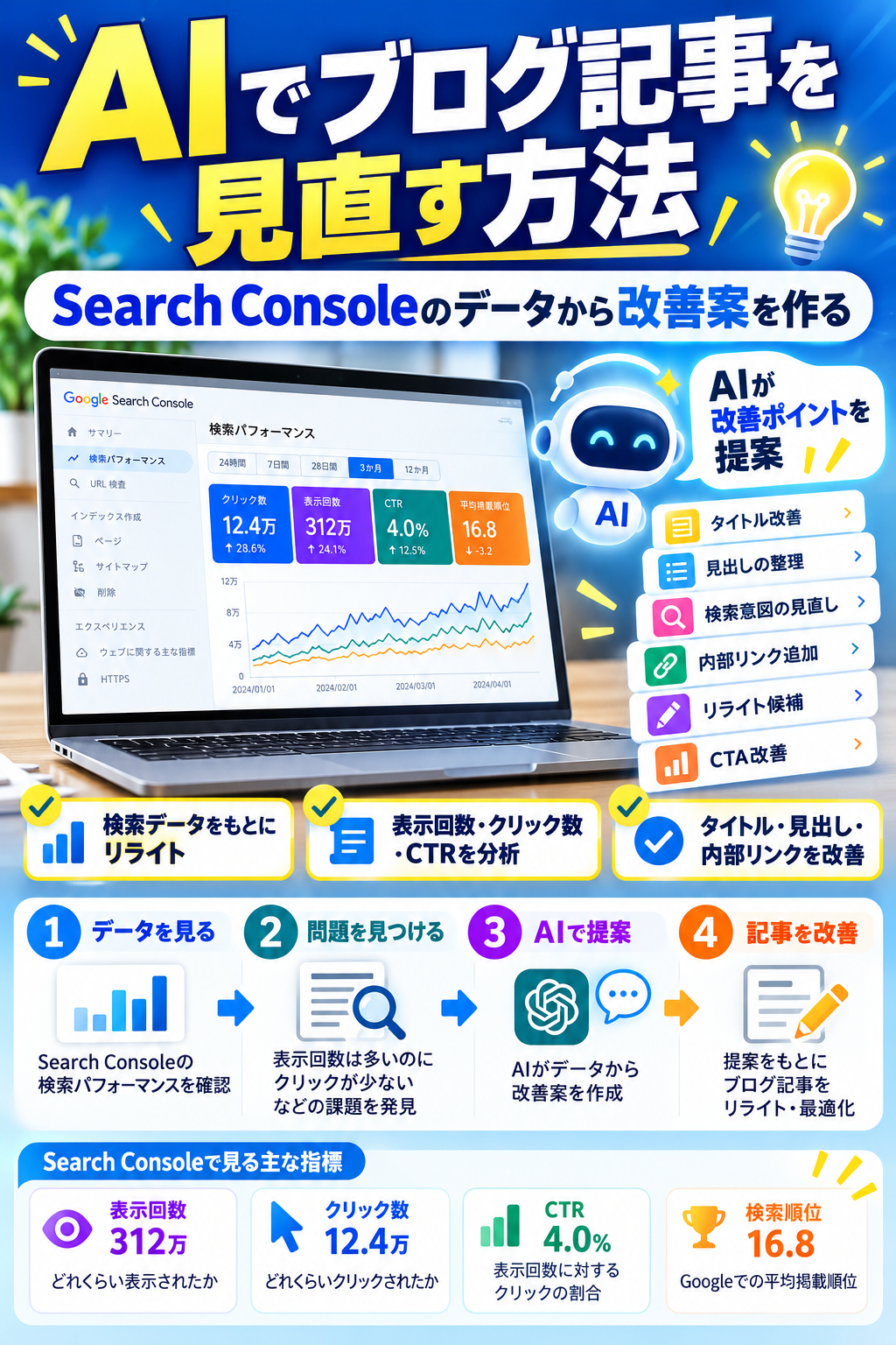 AIでブログ改善ガイド AIでブログ記事を見直す方法|Search Consoleのデータから改善案を作る