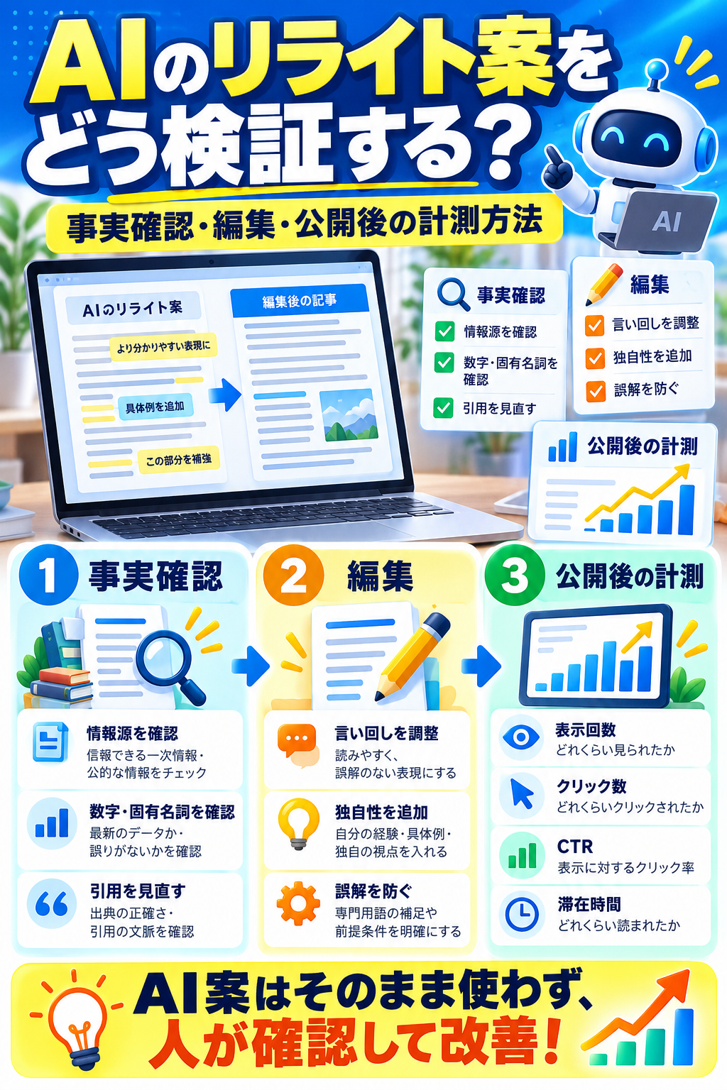 AIのリライト案をどう検証する？｜事実確認・編集・公開後の計測方法