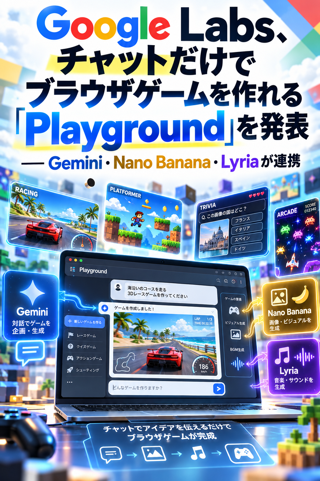 Google Labs、チャットだけでブラウザゲームを作れる「Playground」を発表 ― Gemini・Nano Banana・Lyriaが連携