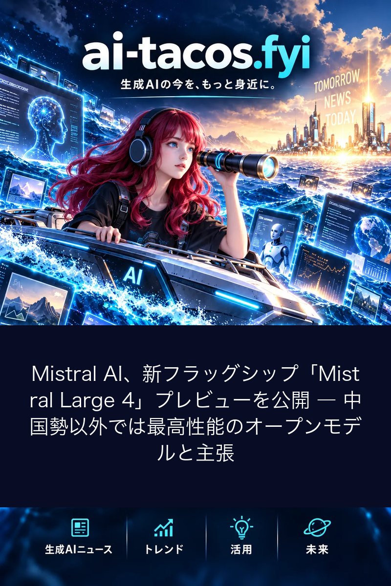 Mistral AI、新フラッグシップ「Mistral Large 4」プレビューを公開 ― 中国勢以外では最高性能のオープンモデルと主張